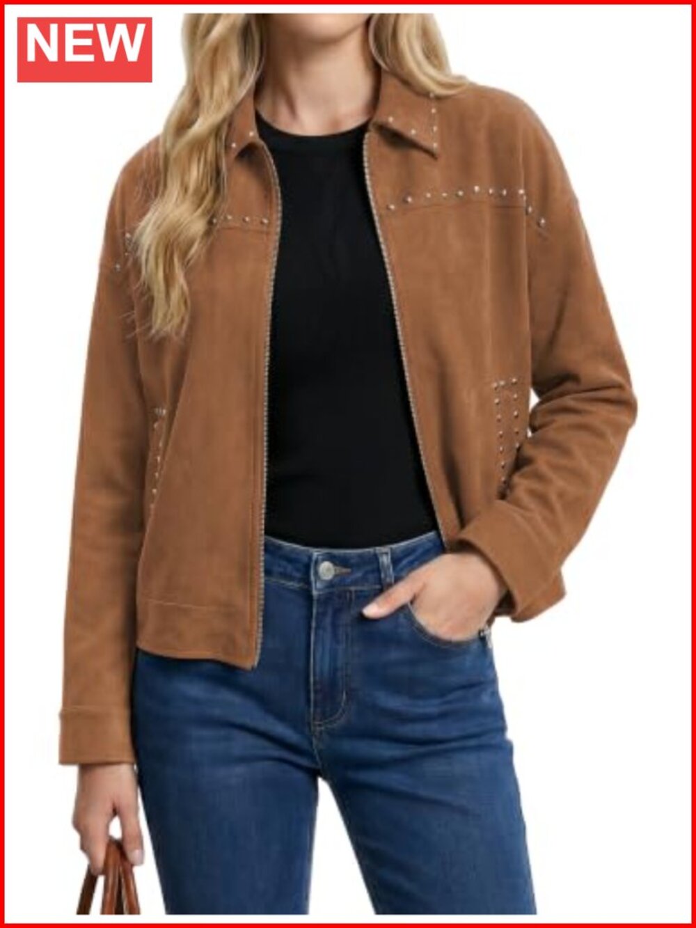 Faux Suede Studded Cropped Bomber Jacket Zip Up Casual Fall